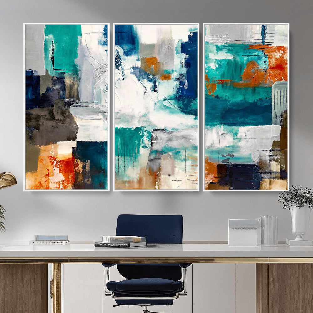 Blue Teal Abstract Canvas Wall Art, Modern Textured Painting Print, Navy Orange White Contemporary Art, Neutral Living Room Decor, Office Art