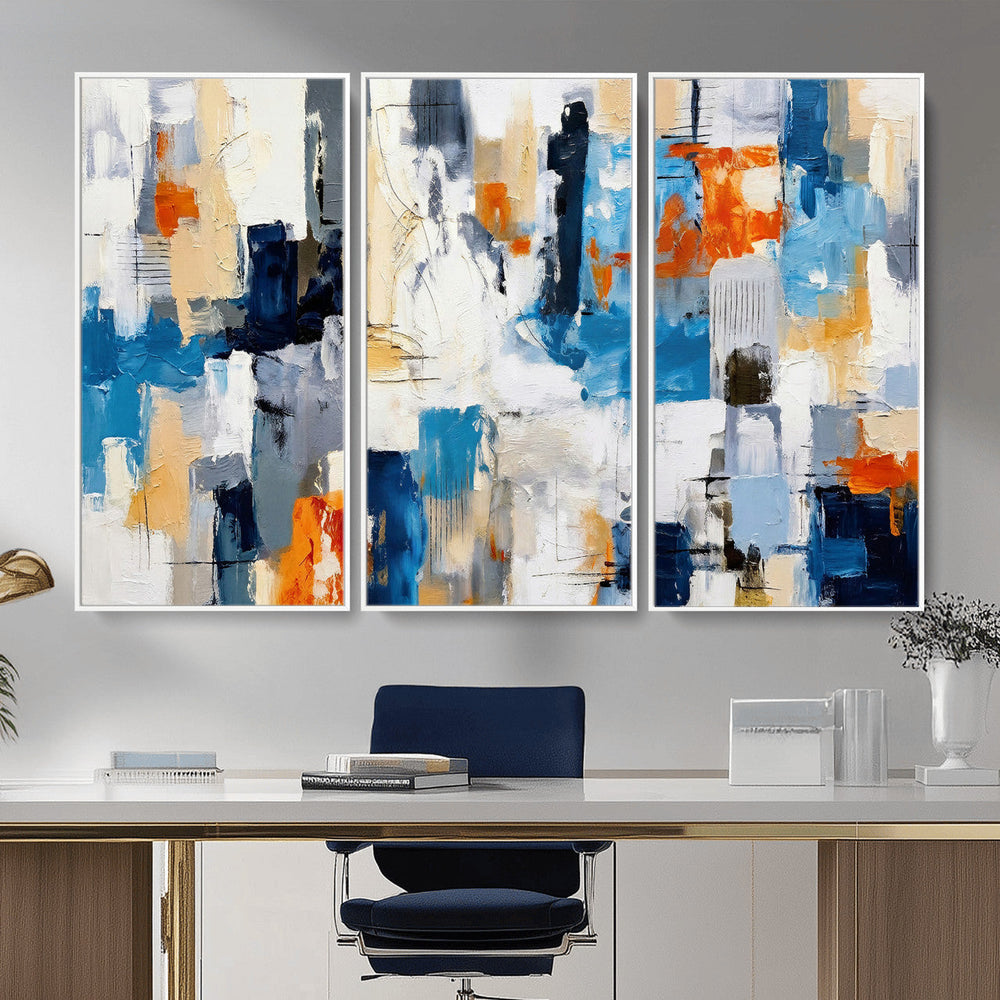 Blue Teal Abstract Canvas Wall Art, Modern Textured Painting Print, Navy Orange White Contemporary Art, Neutral Living Room Decor, Office Art