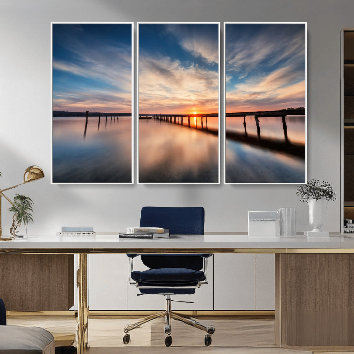 Wooden Pier on Seascape and Sunset Wall Art Canvas Print