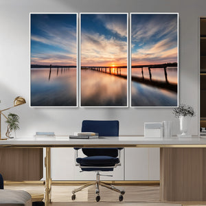 Wooden Pier on Seascape and Sunset Wall Art Canvas Print