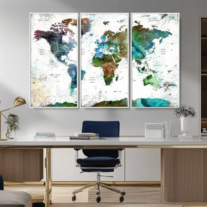 Modern Watercolor World Map Canvas Wall Art – Framed