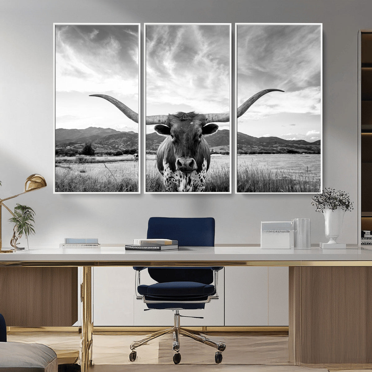 Longhorn Black and White Wall Art – Rustic Western Bull