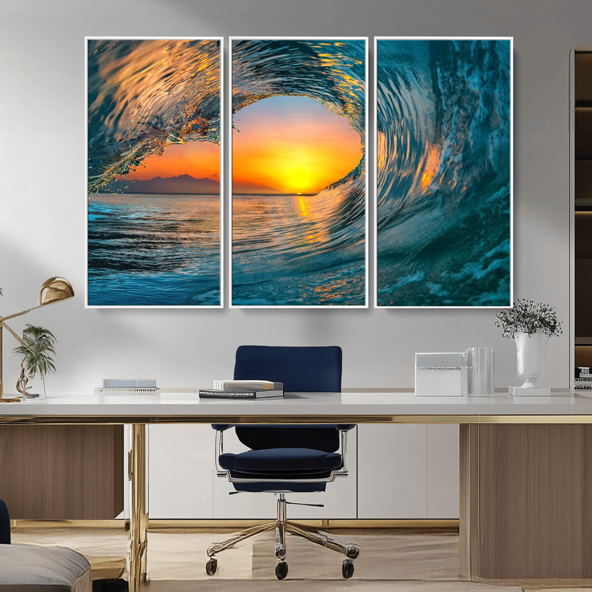 Ocean Wave Sunset Wall Art | Large Coastal Wave Canvas Print