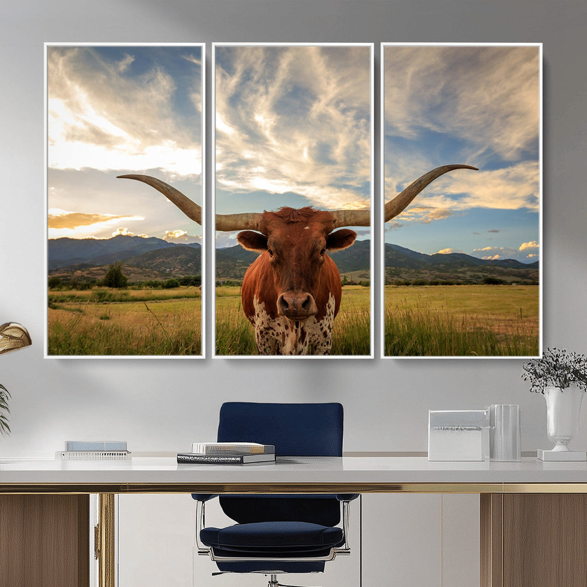 Texas Longhorn Canvas Wall Art – Majestic Triptych Animal