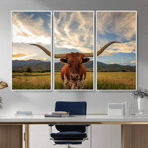 Texas Longhorn Canvas Wall Art – Majestic Triptych Animal