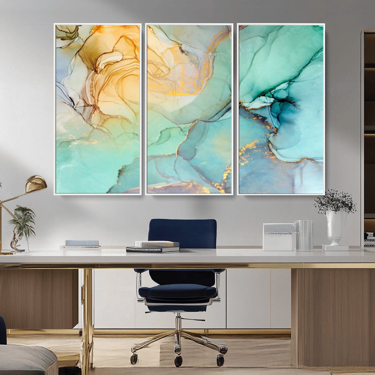 Abstract Aqua and Gold Fluid Wall Art Canvas | 3 Panel Large