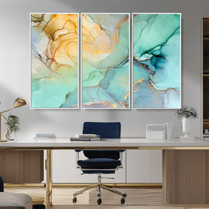 Abstract Aqua and Gold Fluid Wall Art Canvas | 3 Panel Large