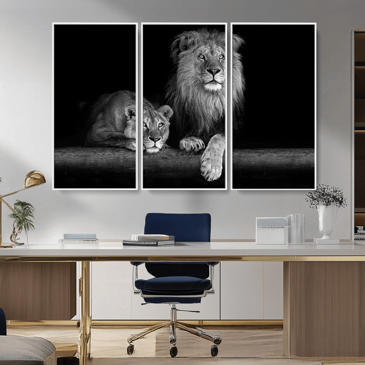 Large Black and White Lion Couple Wall Art Canvas Print –