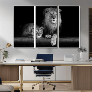 Large Black and White Lion Couple Wall Art Canvas Print –