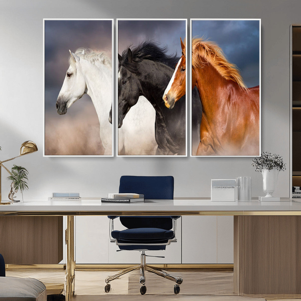 Animal Wall Art Three Horses Farmhouse Art Canvas, Framed