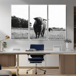 Black and White Highland Cow Wall Art Canvas Print | Rustic