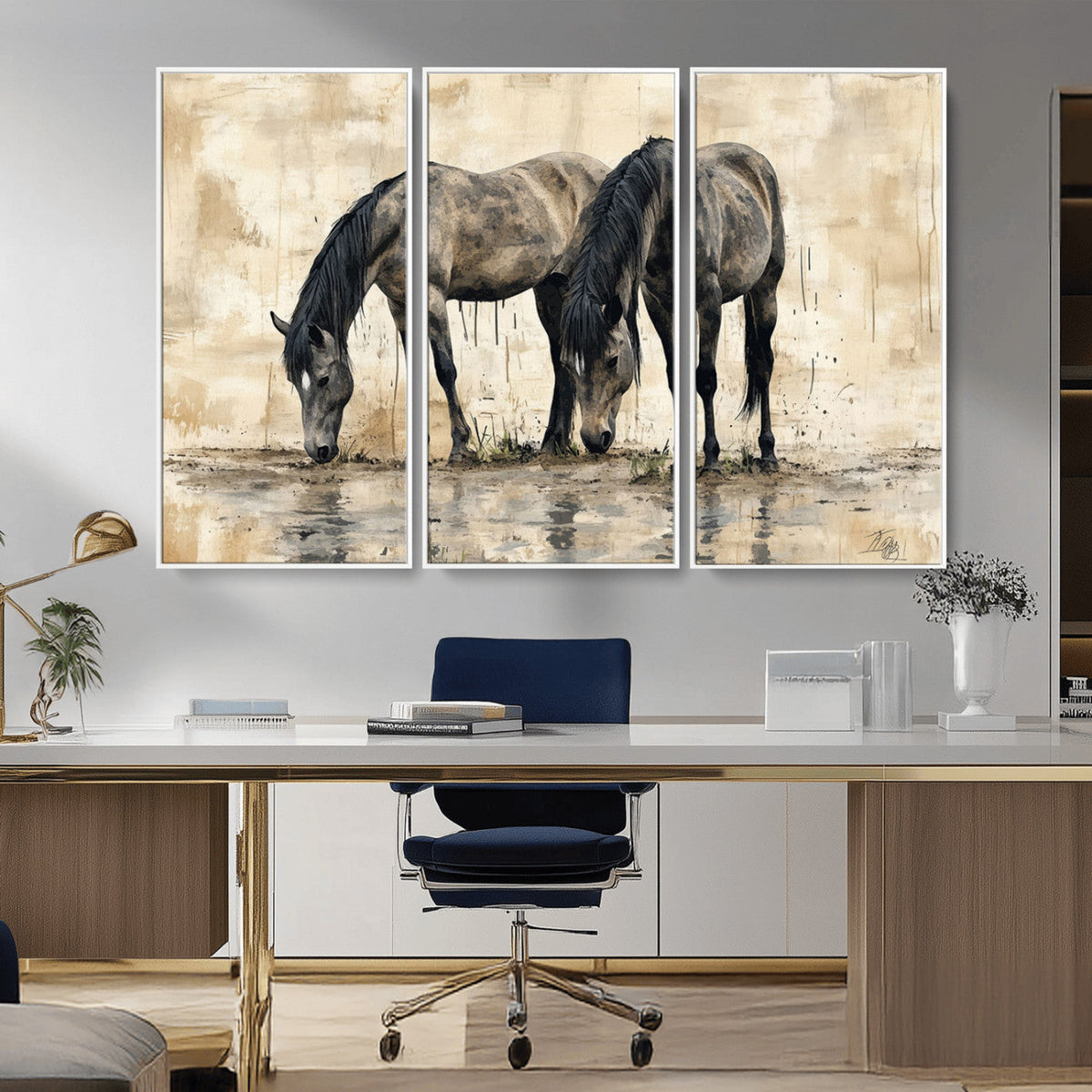 Chinese Style Abstract Black Horses Wall Art Canvas Print -