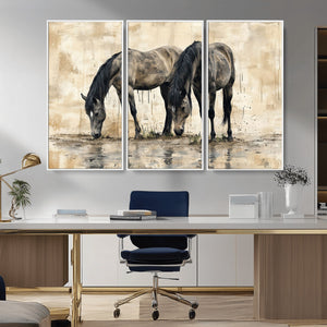 Chinese Style Abstract Black Horses Wall Art Canvas Print -