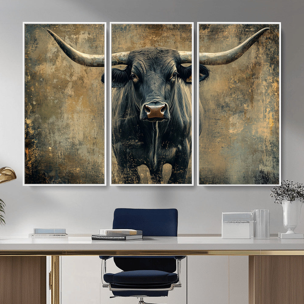 Texas Longhorn Bull Wall Art – Framed Rustic Cow Canvas