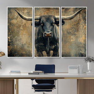 Texas Longhorn Bull Wall Art – Framed Rustic Cow Canvas
