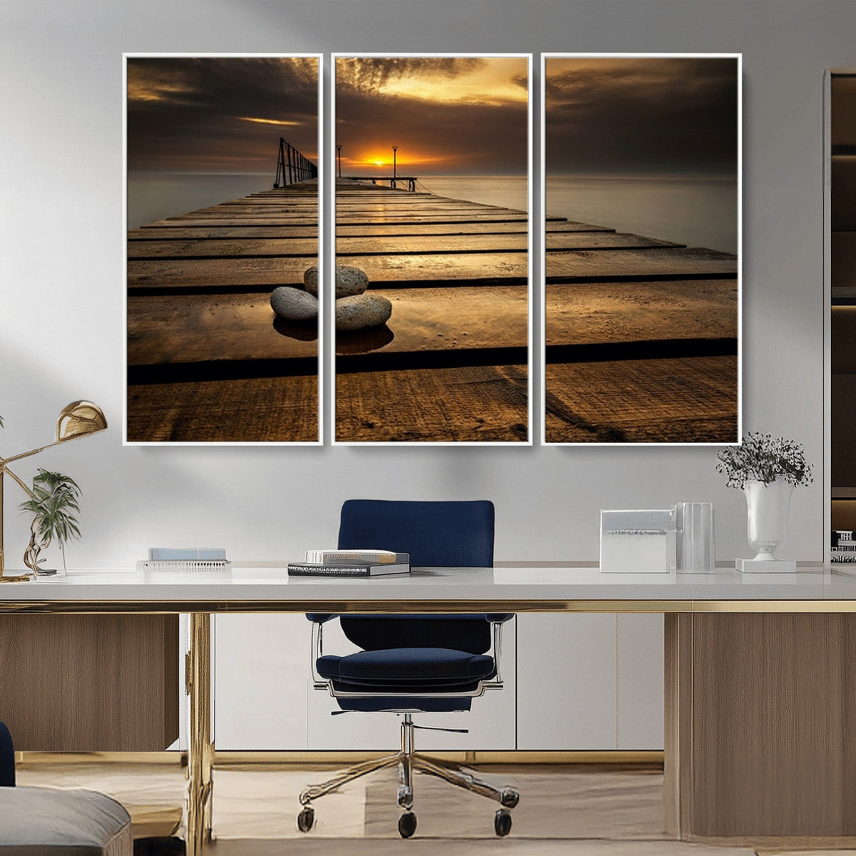 Stones on Wooden Pier at Sunset Canvas Print, Serene Coastal