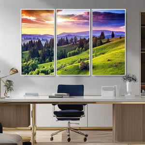 Green Hills and Sunset Wall Art Print - Scenic Landscape