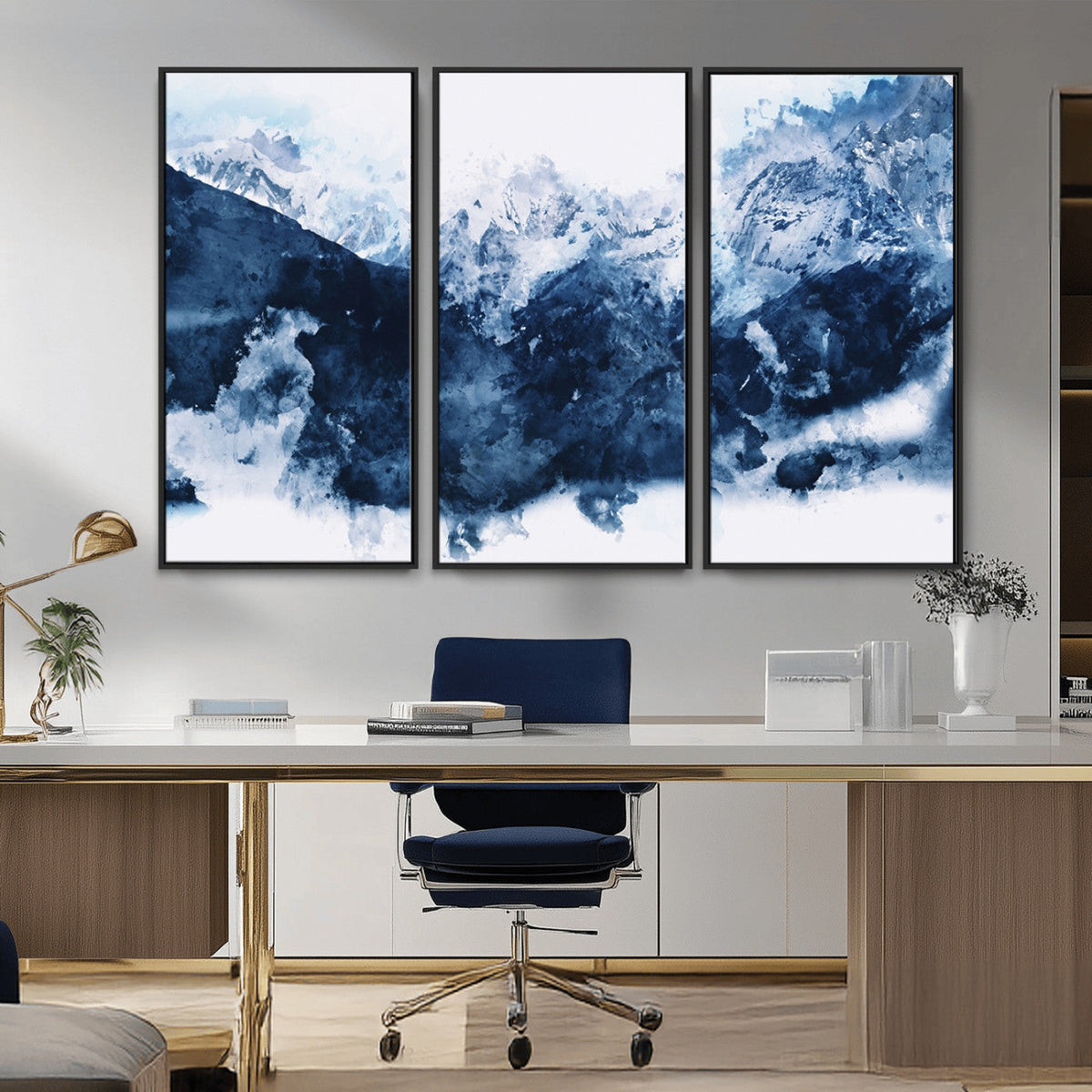 Abstract Blue Mountain Canvas Wall Art – Modern Triptych