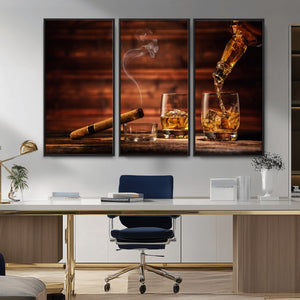 Whiskey and Cigar Wall Art Canvas | 3 Panel Bar Room Decor