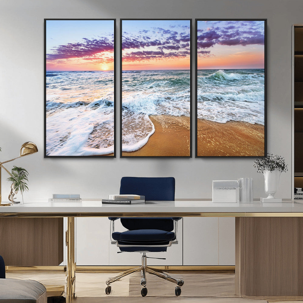 Coastal Sunset Art Beach Canvas Wall Art Print | Ocean Waves
