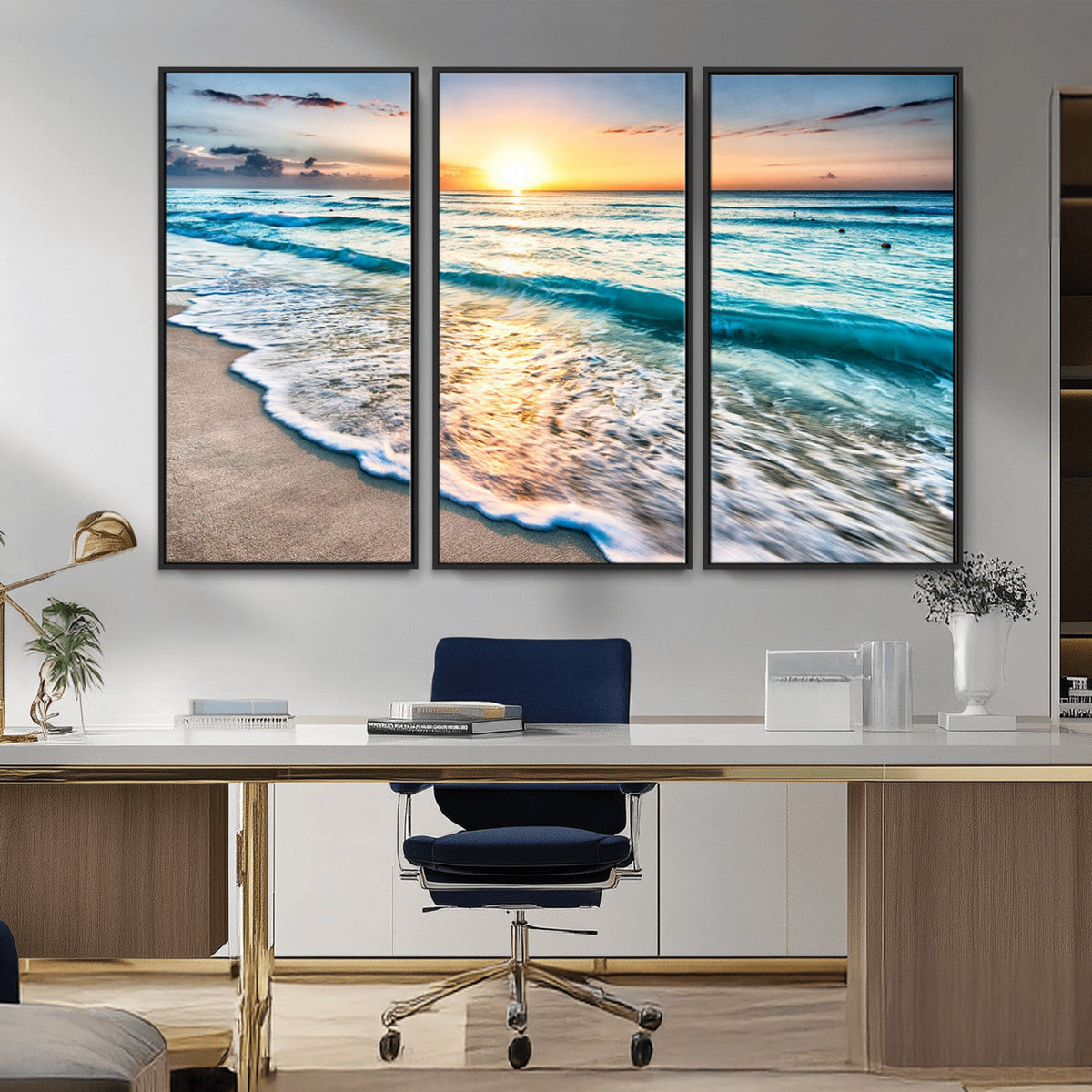 Sunset Beach Waves Canvas Wall Art – 5-Panel Ocean Sunset