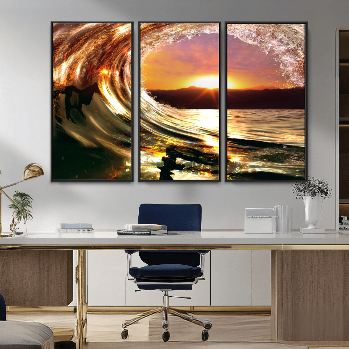Golden Wave Sunset Triptych Canvas Art, Giclee Canvas Print