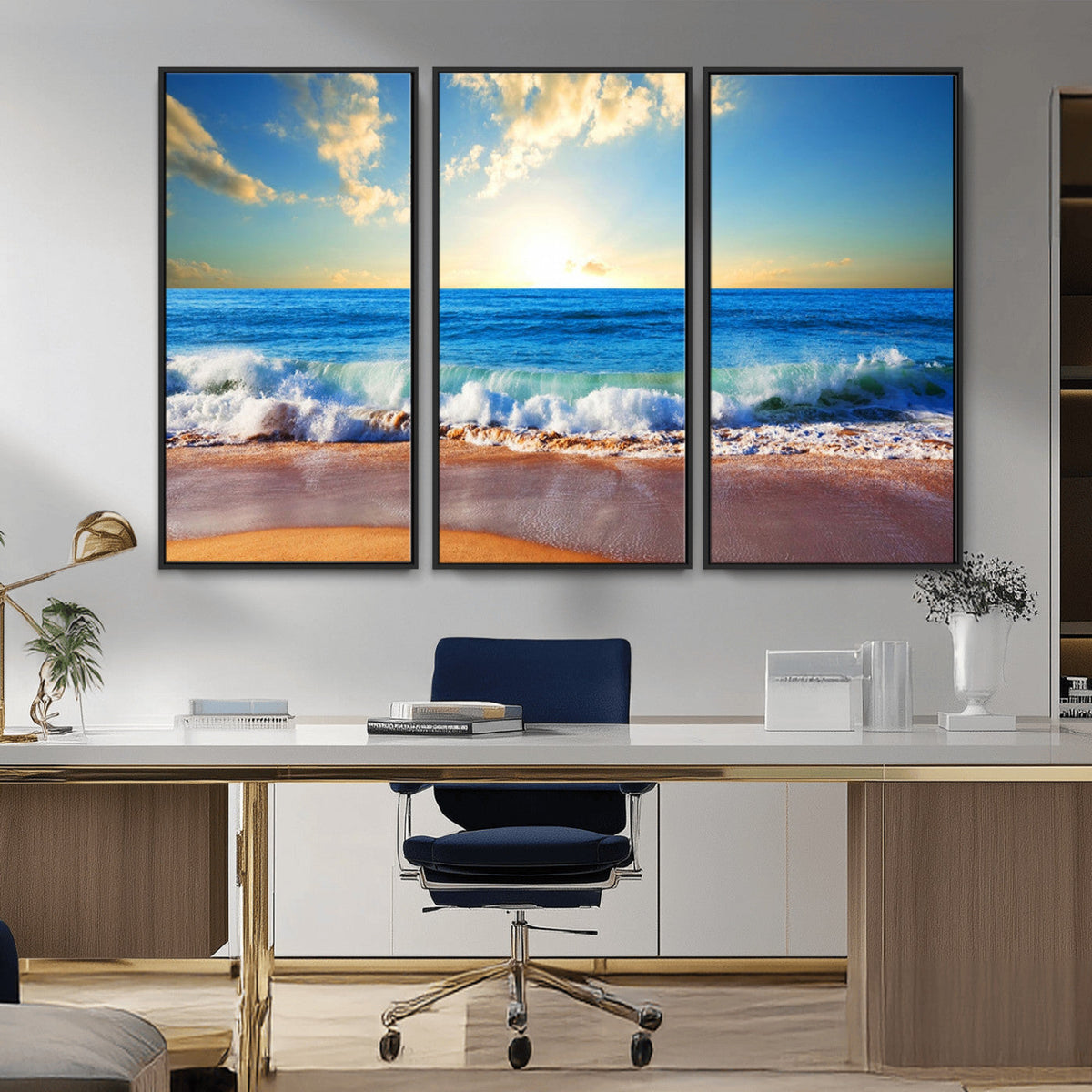 Tropical Beach Sunset Canvas Art, Ocean Waves and Sandy