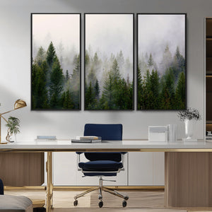 Misty Pine Forest Wall Art Canvas Print | 3 Panel Green