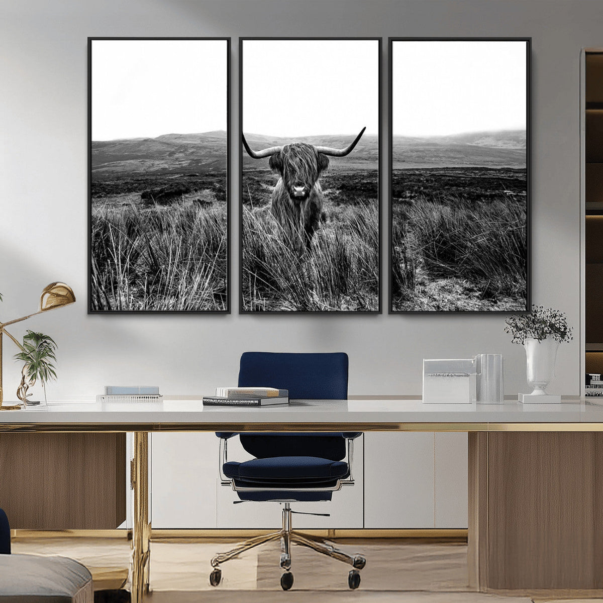 Black and White Highland Cow Canvas Wall Art, Longhorn