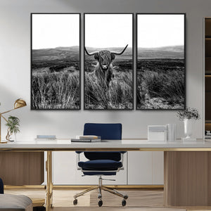 Black and White Highland Cow Canvas Wall Art, Longhorn
