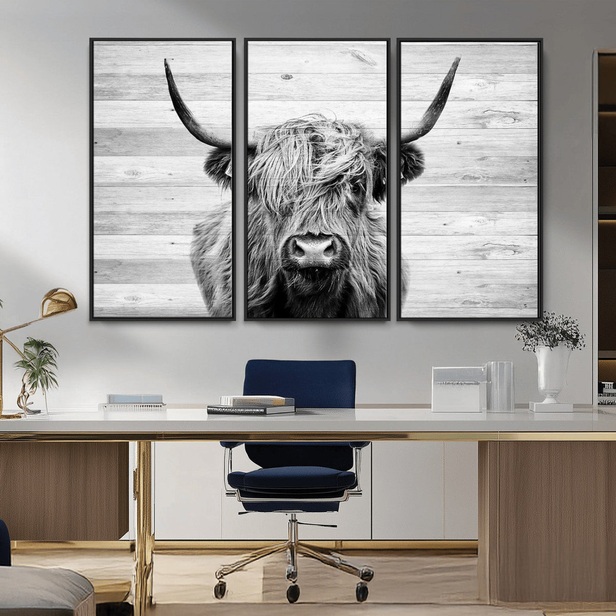 Scottish Highland Cow Cattle Art Print on Wood Background