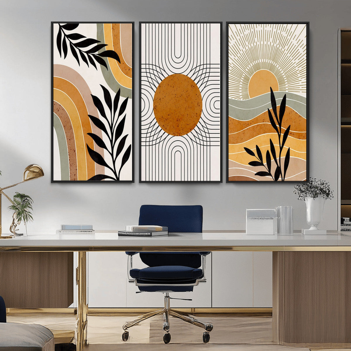 Modern Boho Sun and Leaf Abstract Art – 3-Panel Giclée