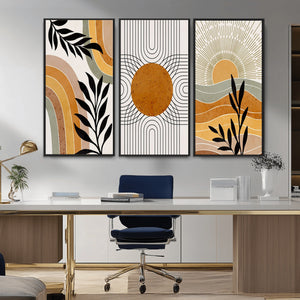 Modern Boho Sun and Leaf Abstract Art – 3-Panel Giclée