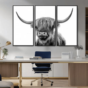 Grayscale Scottish Highland Cow Cattle Art Print Farmhouse