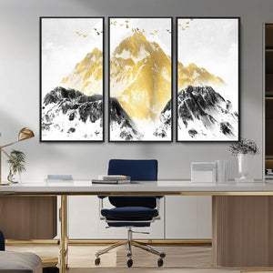 Golden Mountain Triptych Wall Art Canvas Print, Modern