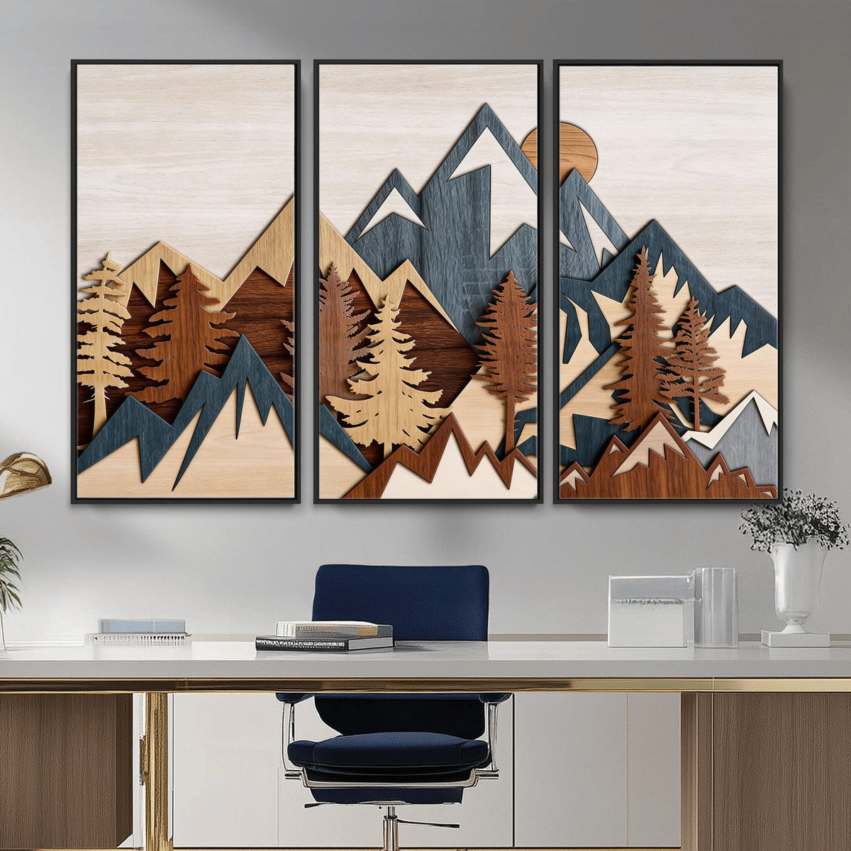 Rustic Abstract Wood Panel Effect Canvas Mountain Range Top
