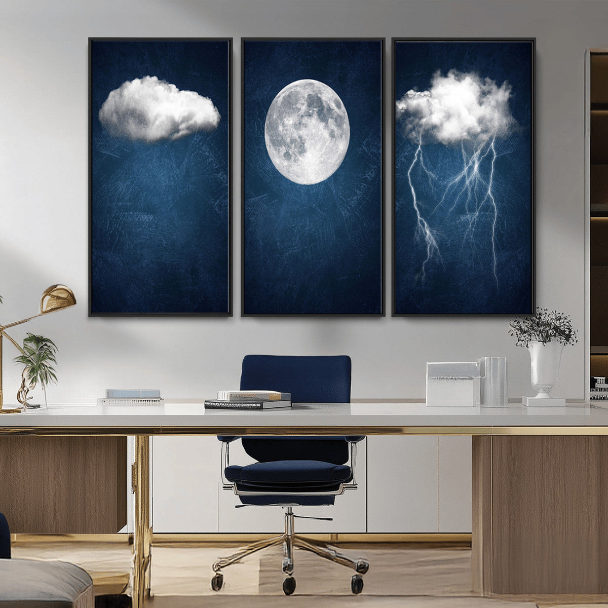 Dark Blue Cloud Art, 3 Piece Indigo Blue Wall Art, Aesthetic