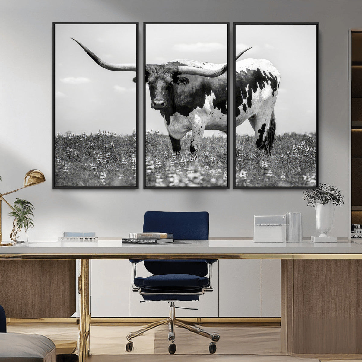 Texas Black White Highland Longhorn Cow Wall Art Canvas