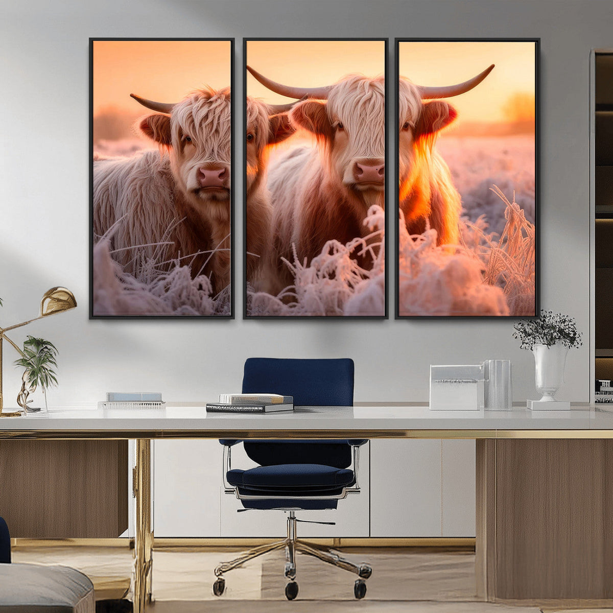 Highland Cows at Sunrise Wall Art Canvas Set – Serene and