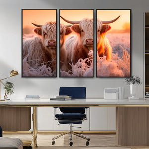 Highland Cows at Sunrise Wall Art Canvas Set – Serene and
