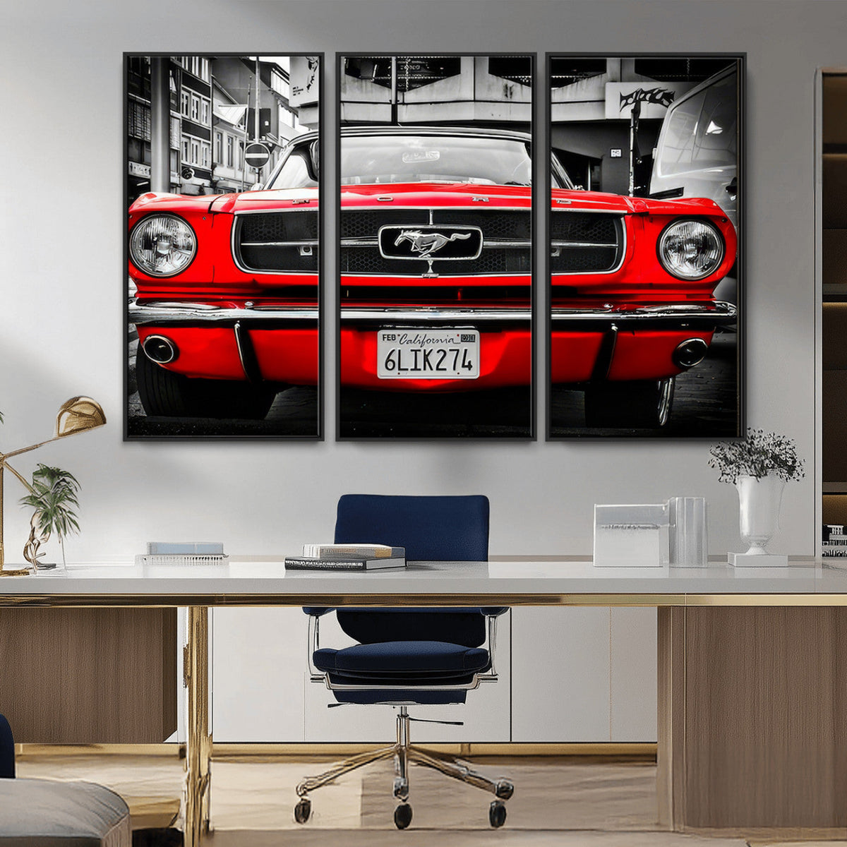 Red Mustang Car Wall Art – Framed Classic Vehicle Canvas