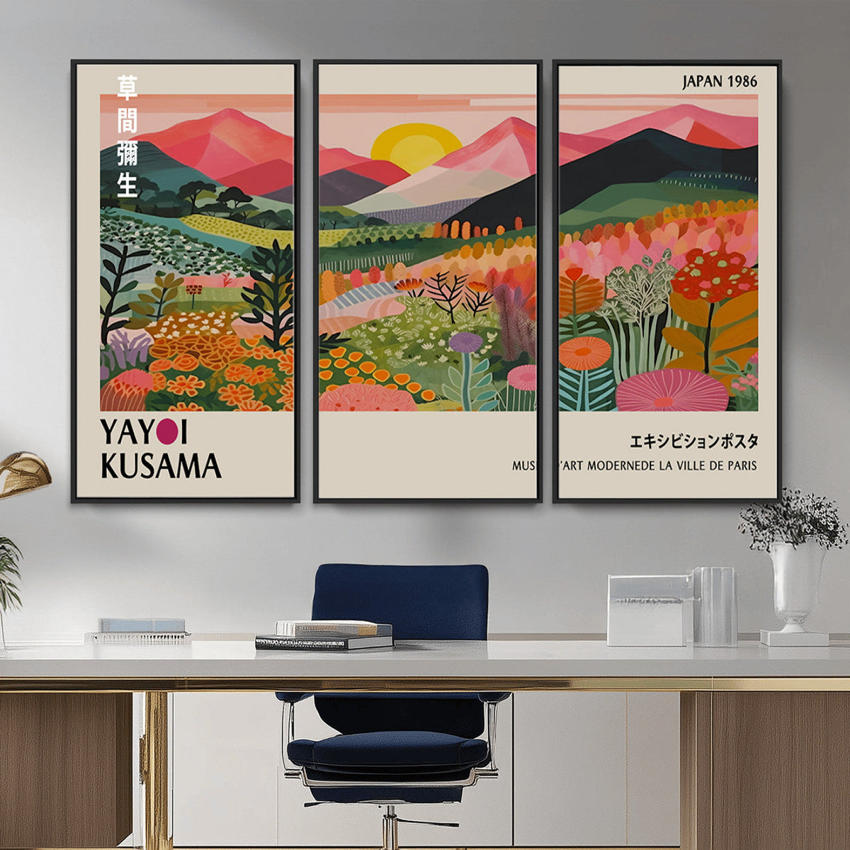 Yayoi Kusama Landscape Canvas Print, Vibrant Floral Mountain Art Print, Framed Botanical Wall Art -