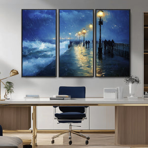 Storm Ocean Pier Canvas Wall Art Print - Large Moody Night