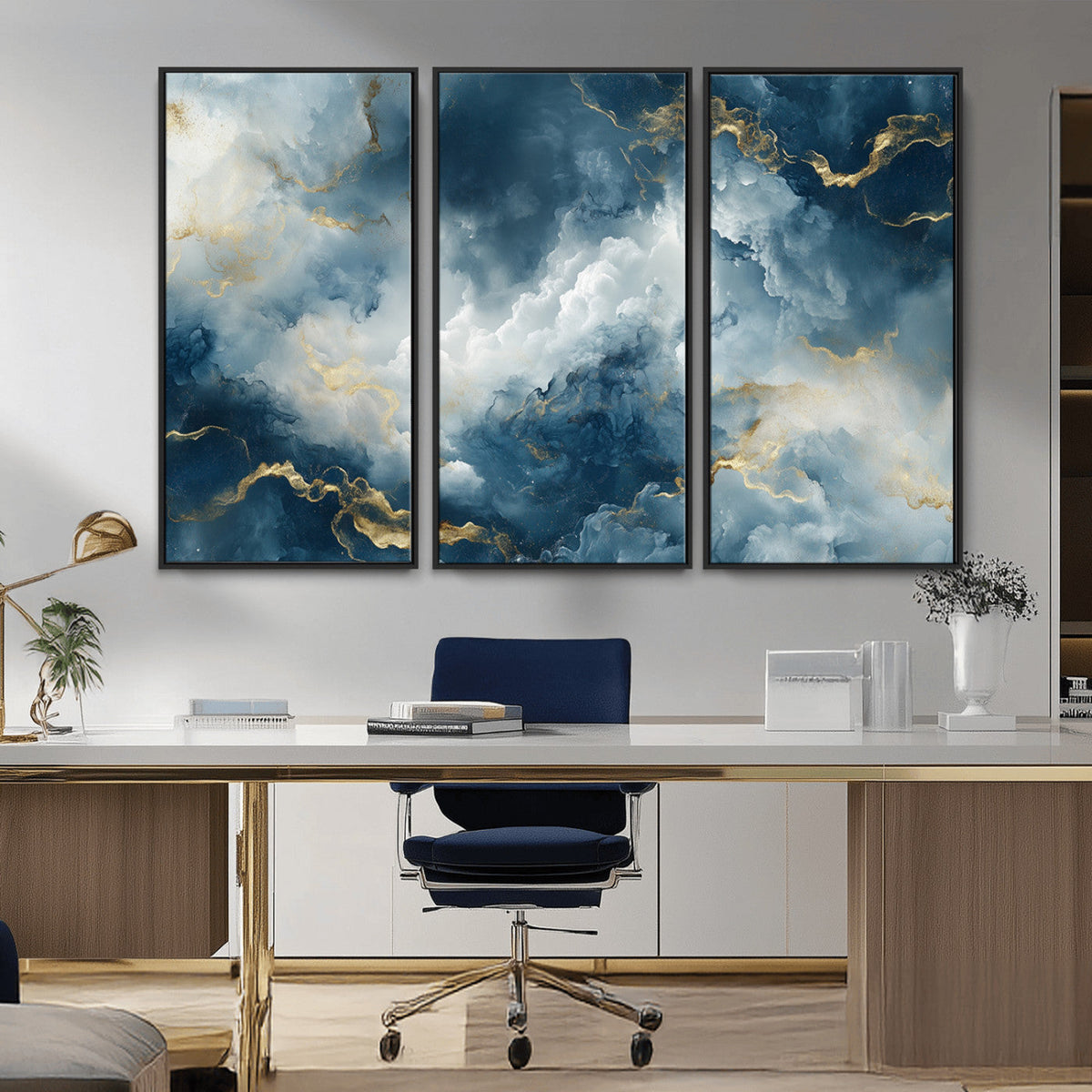 Large Abstract Print - Luxe Blue and Gold Abstract Canvas