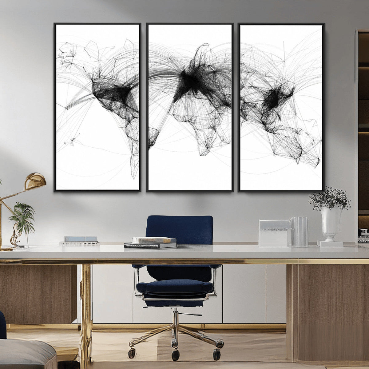 Abstract World Map Wall Art – Framed Geometric Line Canvas