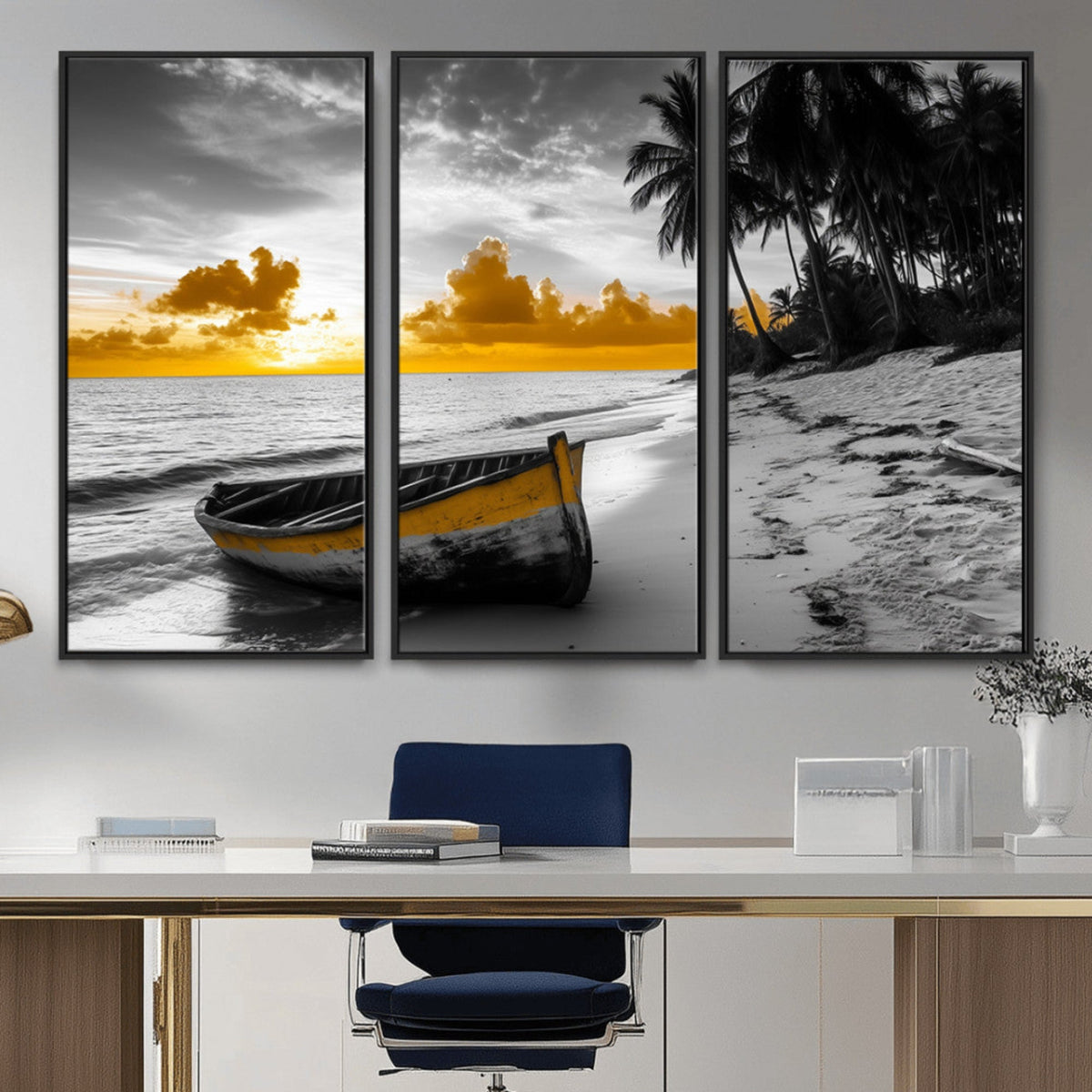 Yellow Rowboat Wall Art – Framed Tropical Shoreline Canvas