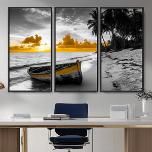 Yellow Rowboat Wall Art – Framed Tropical Shoreline Canvas