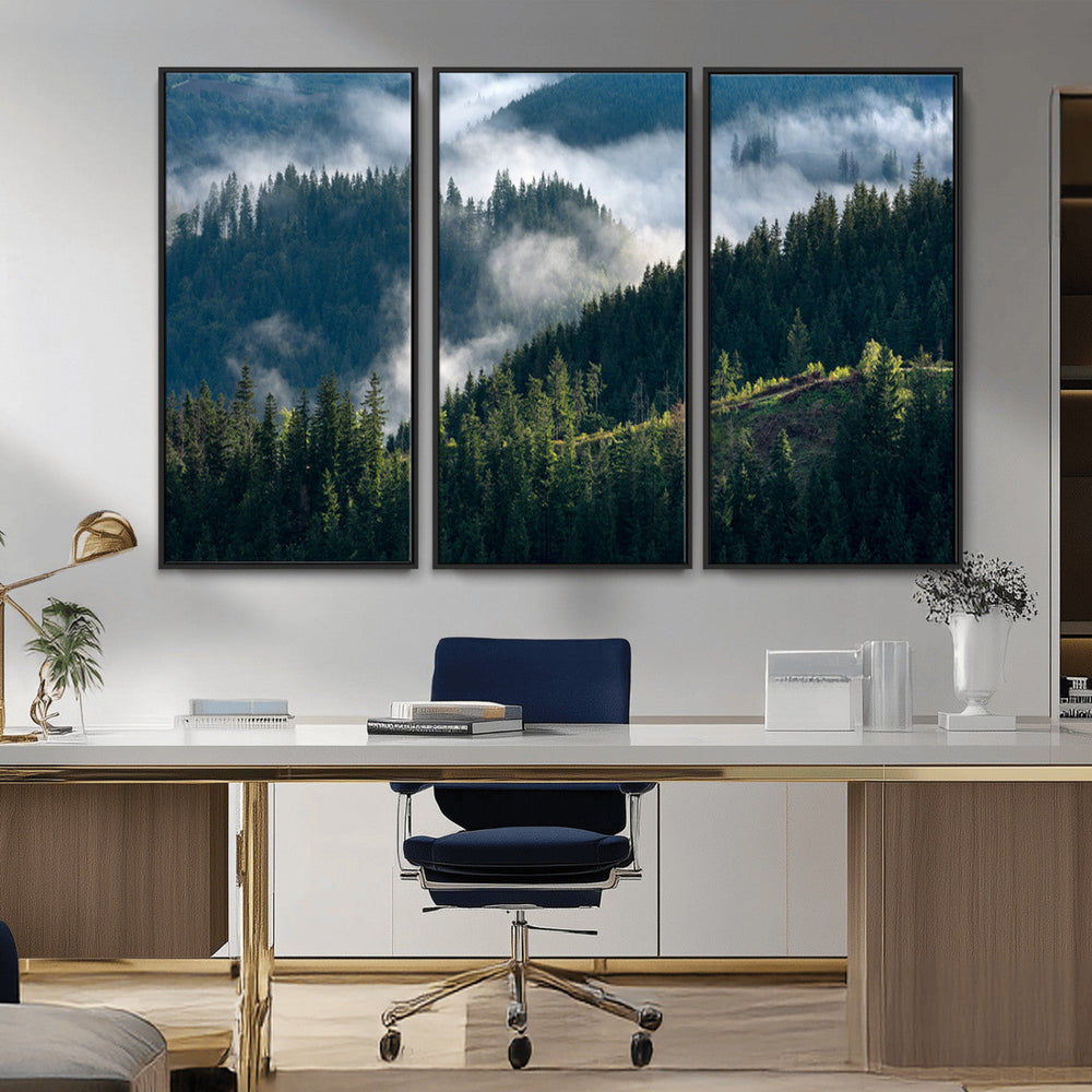 Misty Forest Wall Art Canvas Print, Serene Pine Hills and