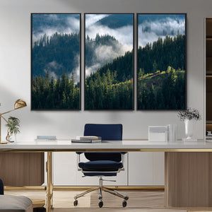 Misty Forest Wall Art Canvas Print, Serene Pine Hills and