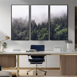 Misty Forest Wall Art Canvas Print, Serene Foggy Pines and